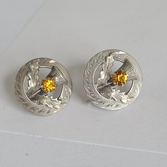 Vintage WB Scotland Sterling Silver Boho Yellow Citrine Circle Stud Earrings - Picture 2 of 13